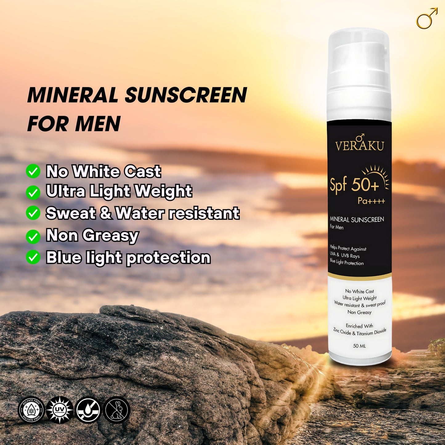 SPF-50+ PA++++ | Mineral Sunscreen | For Men | 50ML - Veraku